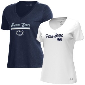 women's navy and white Under Armour short sleeve v-neck shirts, script Penn State, Athletic Logo